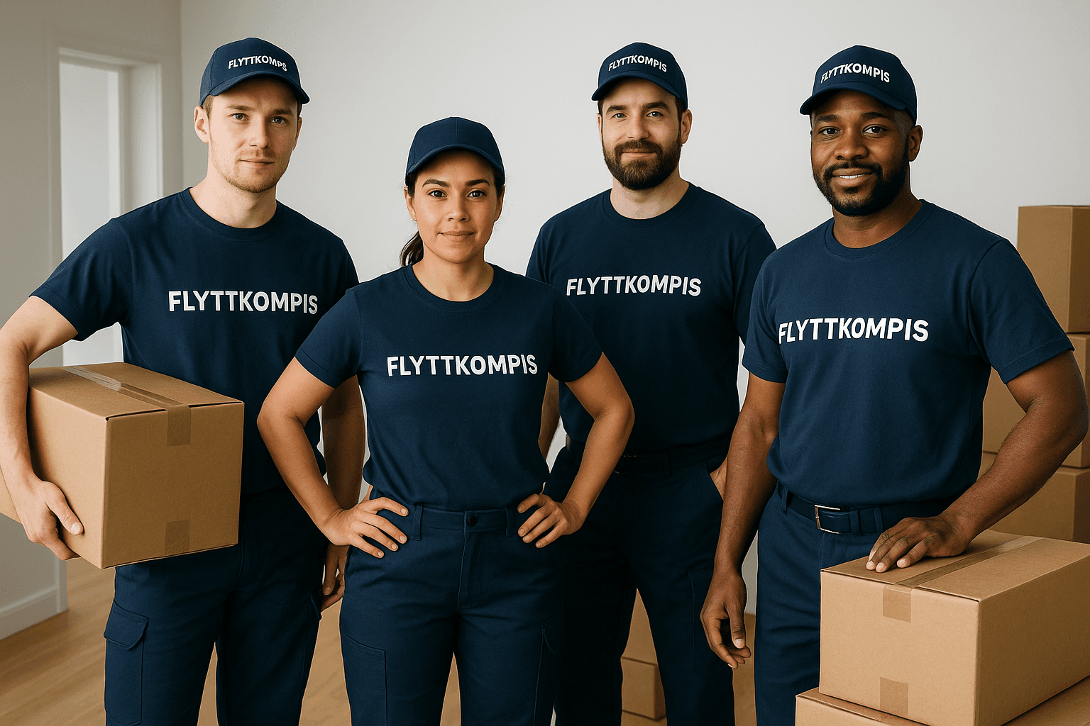 Flyttkompis-team som står redo att hjälpa till med flytten, med flyttkartonger i ett ljust rum